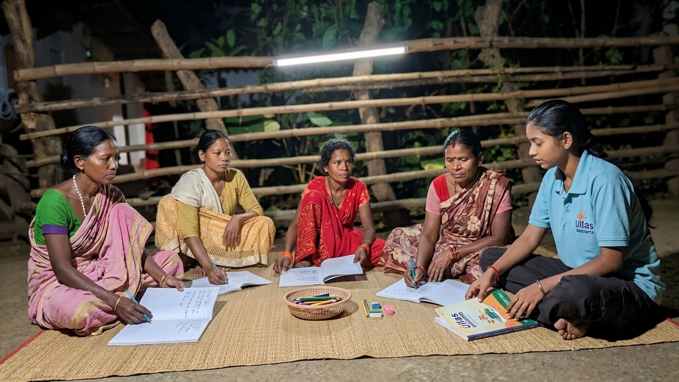 उल्लास साक्षरता अभियान गीदम में स्वयंसेवी छात्रा बुजुर्गों को पढ़ाते हुए nex24